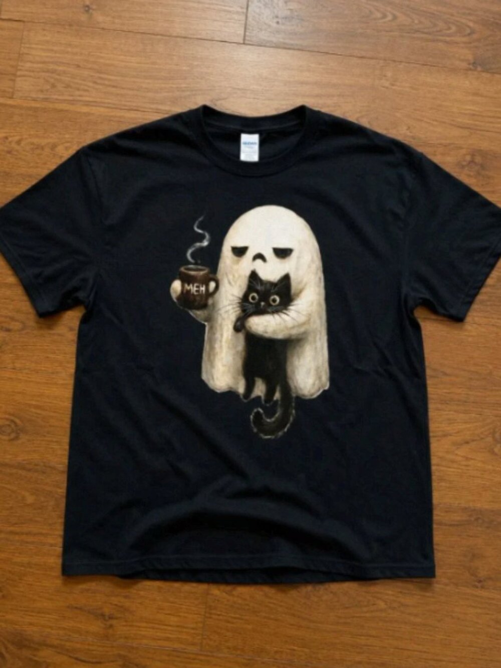 Grumpy Ghost Black Cat Coffee Meh Halloween Tee Black